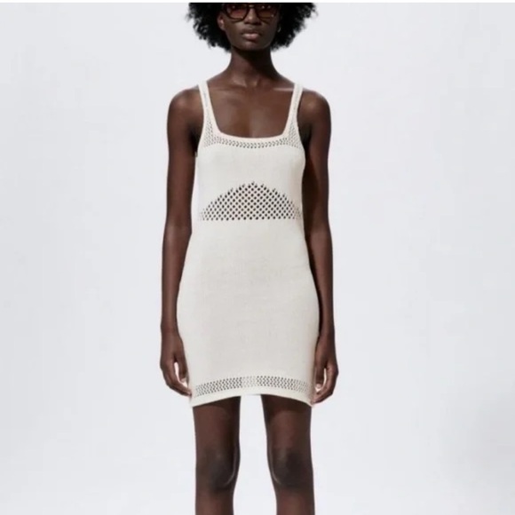 Zara White Crochet Mini Knit Dress Sz L - Picture 1 of 5